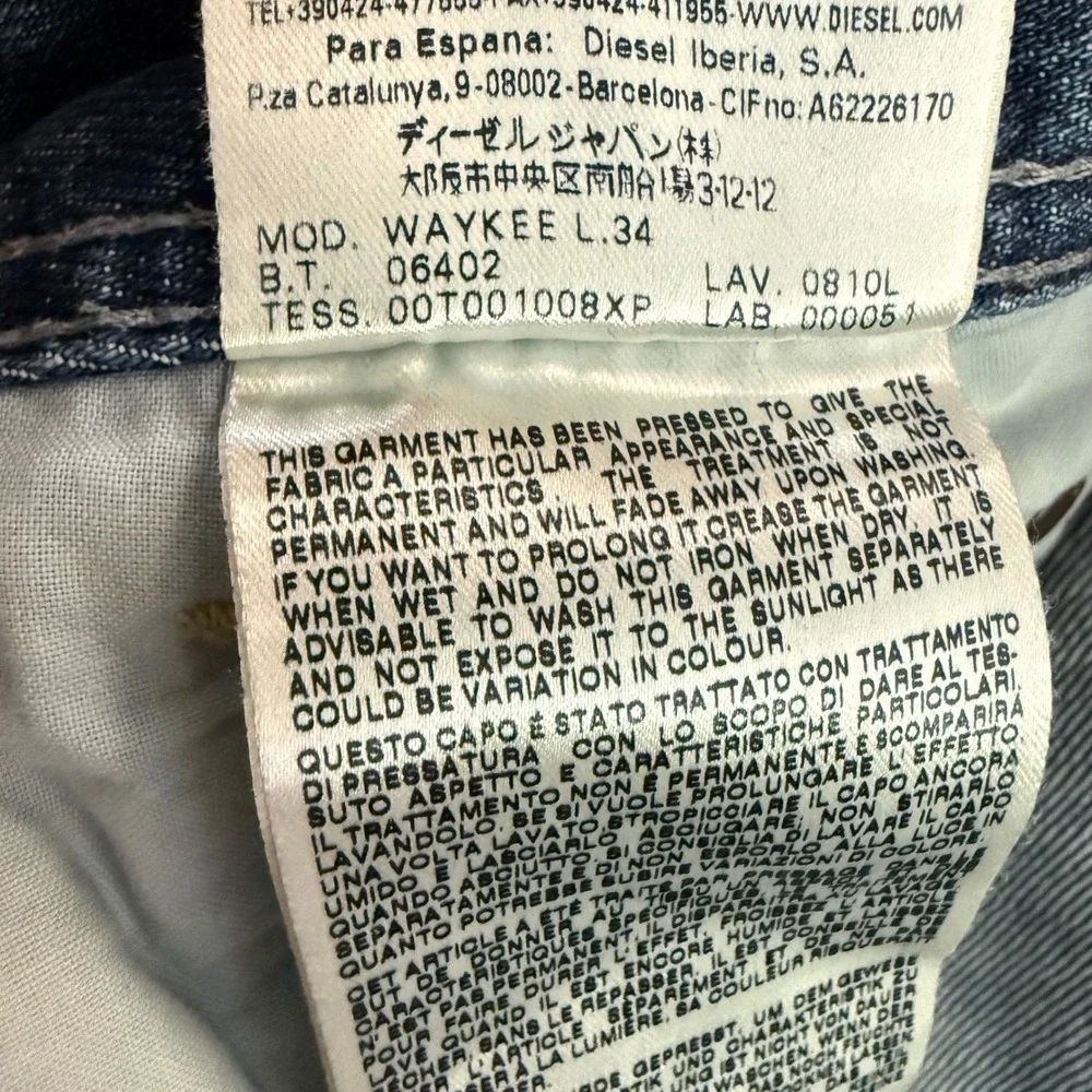 Diesel Waykee Mens 33x34 Regular Straight Jeans Blue Distressed Wash 0810L